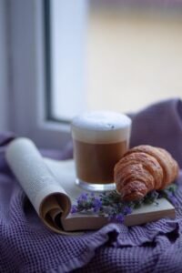 cappuccino, good morning, breakfast, bottle cap, croissant, bakery product, window, coffee, book, gift, news